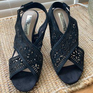 Aubrey Lynn Black  Leather Cut Out Suede Wedge Sandal  8.5